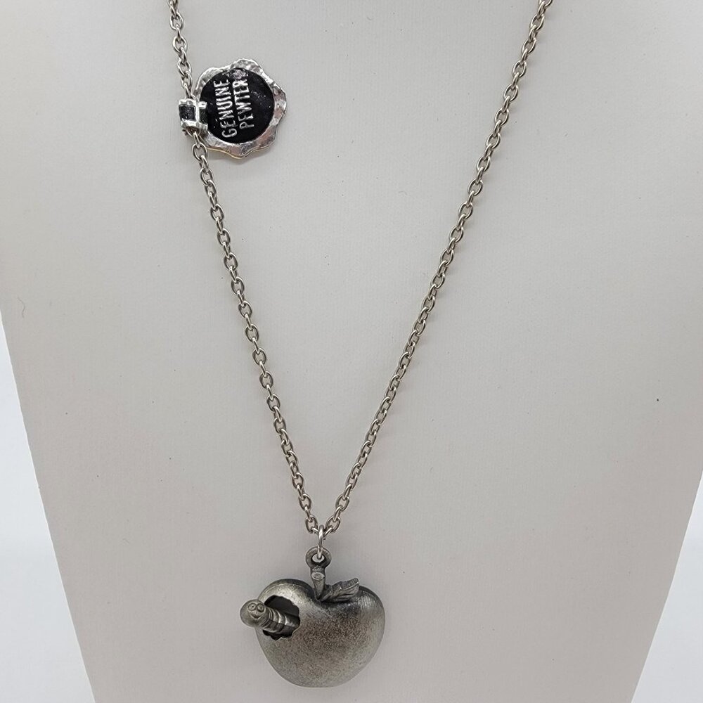 NEW Vintage Pewter Apple Worm Pendant‎ Necklace Genuine Pewter Teacher Gift NWT